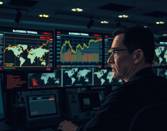 Financial analyst monitoring Brent crude oil price charts amid supply disruption risk assessment on trading desk