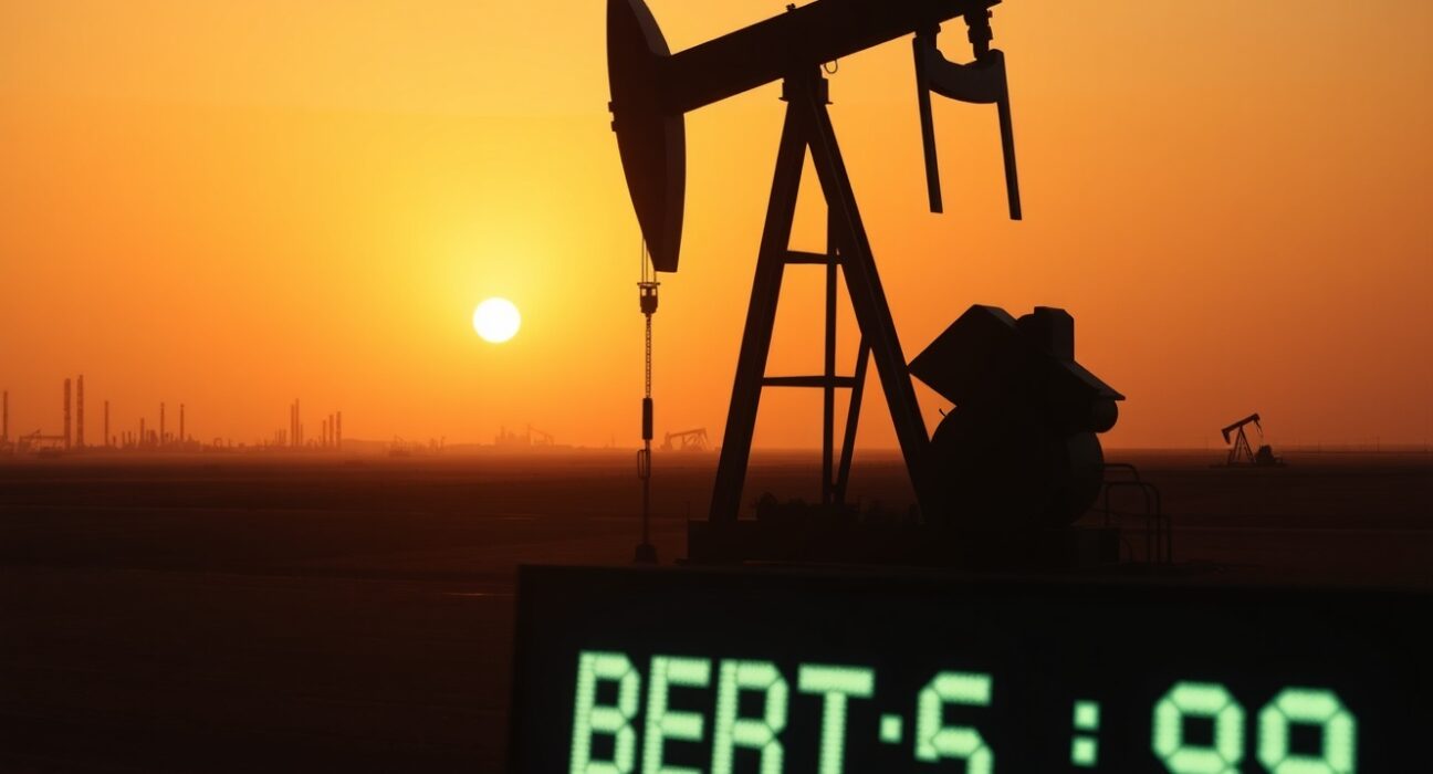 Oil pumpjack in field with Brent crude price display at sunset, representing supply risk and elevated oil prices