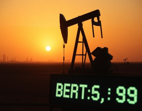 Oil pumpjack in field with Brent crude price display at sunset, representing supply risk and elevated oil prices