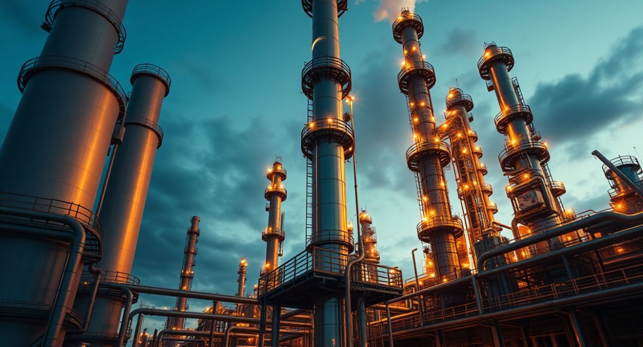 Oil refinery at dusk, representing Brent crude supply risks and market analysis.