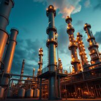 Oil refinery at dusk, representing Brent crude supply risks and market analysis.