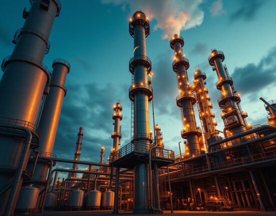 Oil refinery at dusk, representing Brent crude supply risks and market analysis.