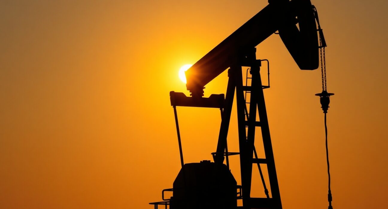 Oil pump jack silhouette at sunset, representing Brent crude supply risks and elevated prices.