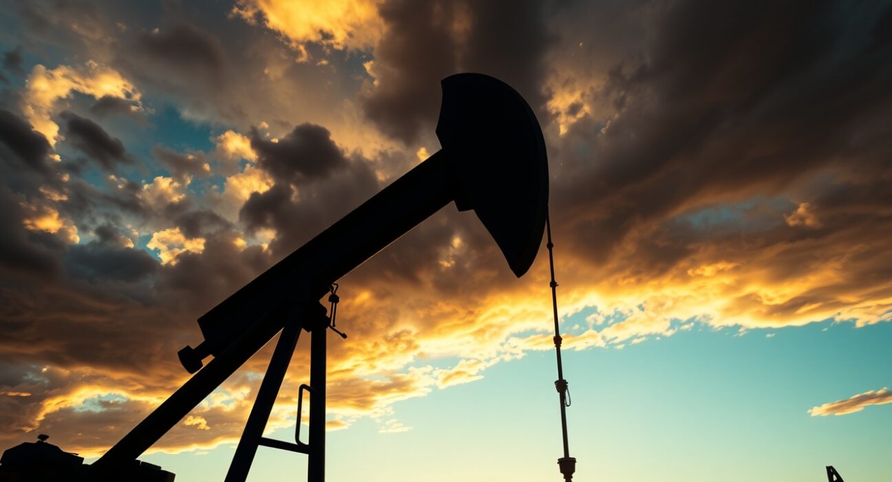 Oil pumpjack silhouetted against sunset sky representing Brent crude supply risks