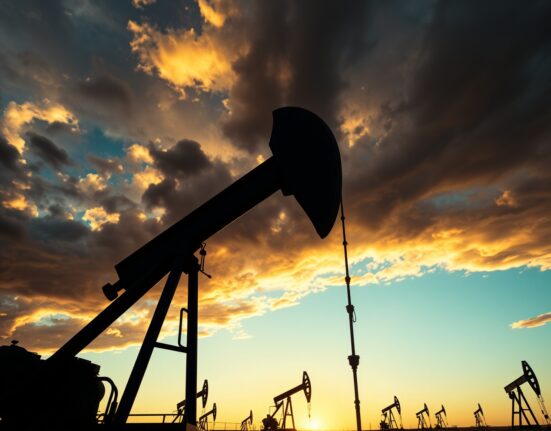 Oil pumpjack silhouetted against sunset sky representing Brent crude supply risks
