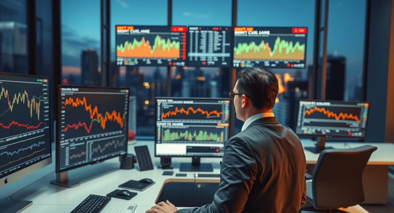 Energy trader analyzing Brent crude oil price charts and market data on trading desk monitors.