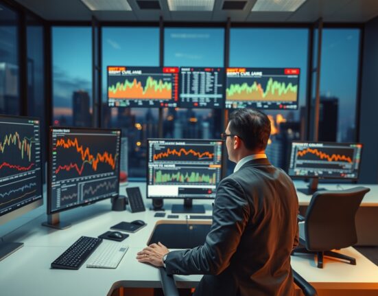 Energy trader analyzing Brent crude oil price charts and market data on trading desk monitors.