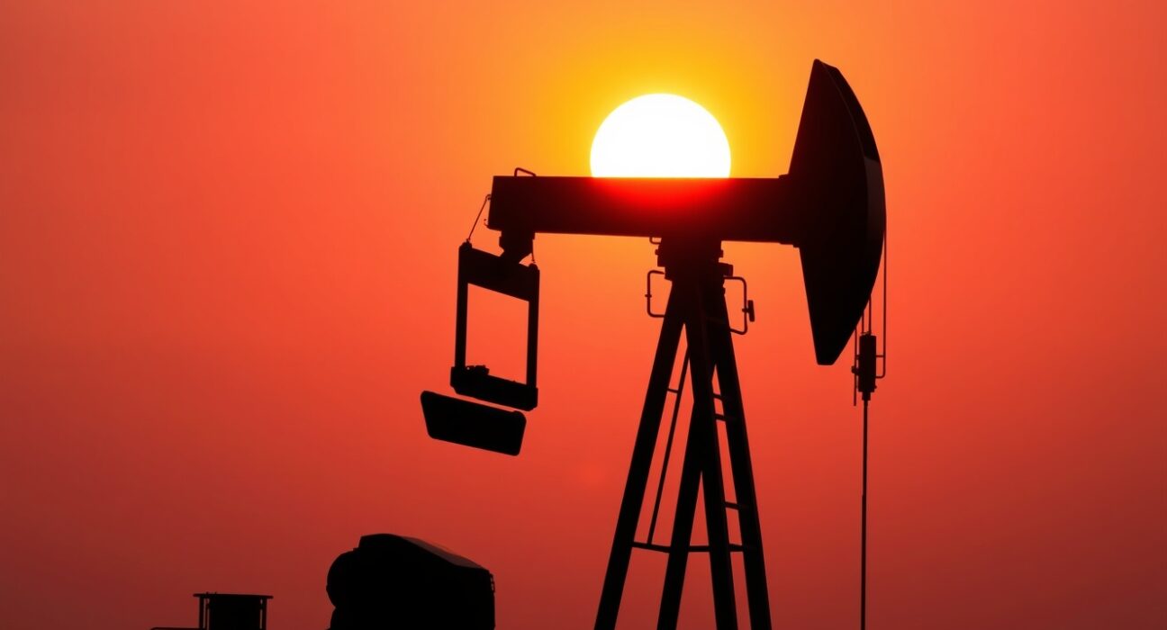 Oil pumpjack silhouetted against a sunset sky representing Brent crude supply shock