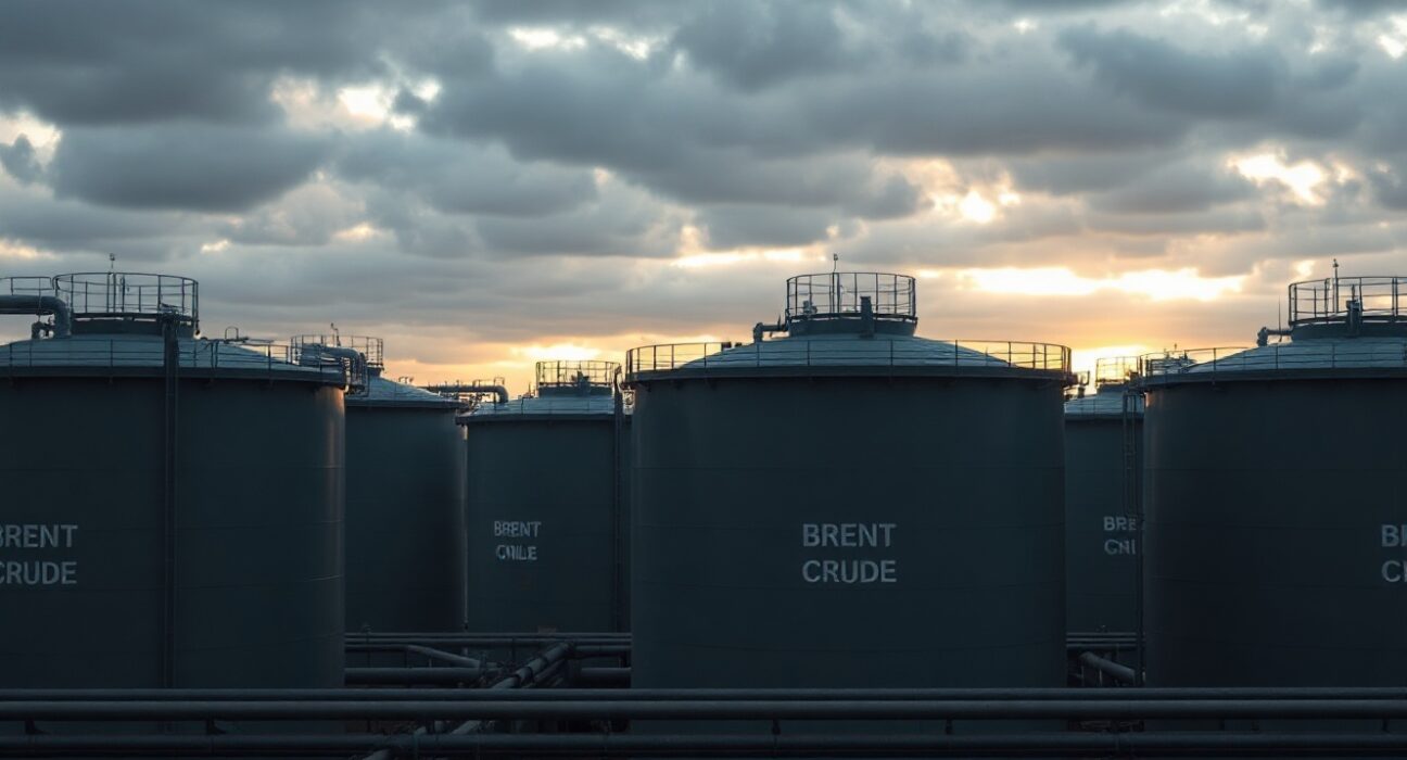 Brent crude oil storage tanks at an industrial facility under overcast dawn sky.