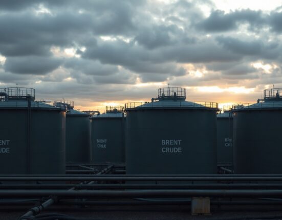 Brent crude oil storage tanks at an industrial facility under overcast dawn sky.