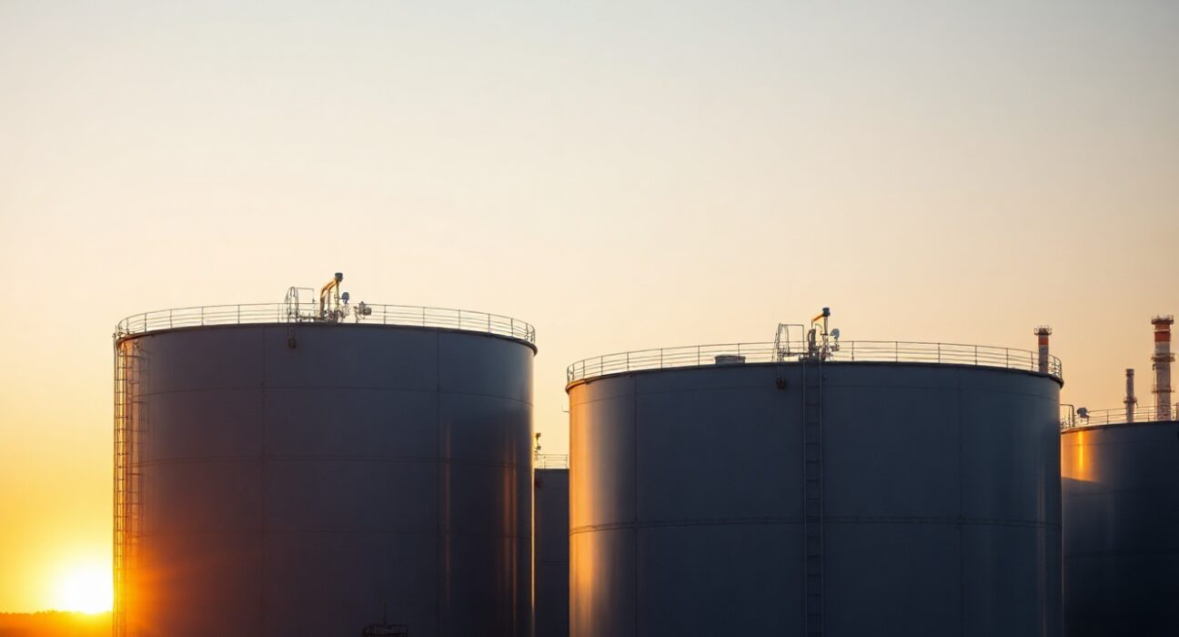 Oil storage tanks at sunset with refinery in background, representing Brent crude oil market analysis.