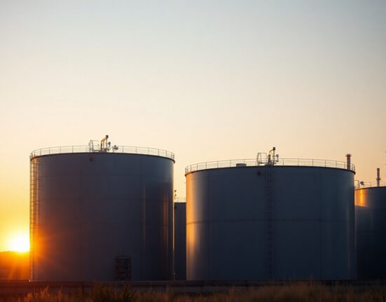 Oil storage tanks at sunset with refinery in background, representing Brent crude oil market analysis.
