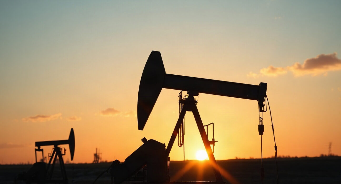 Oil pumpjack silhouetted against sunset, representing Brent crude price analysis