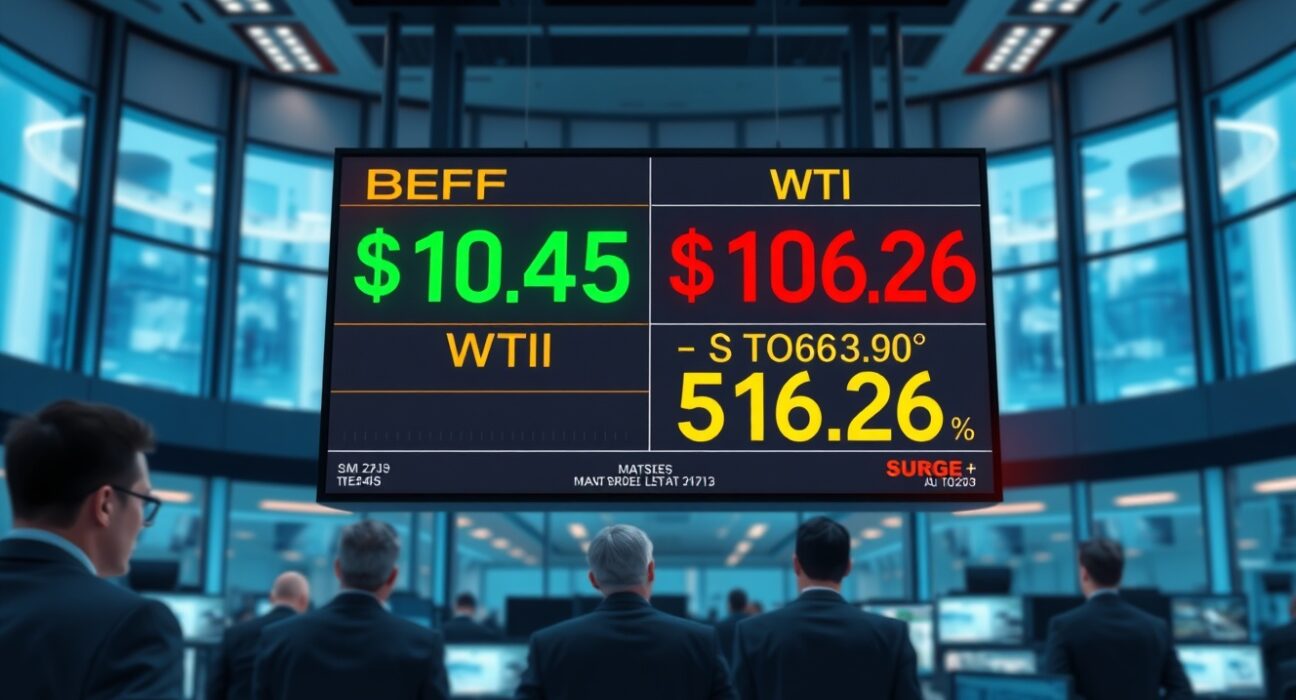 Brent crude surpasses $110 per barrel displayed on trading floor screen with WTI surge indicators
