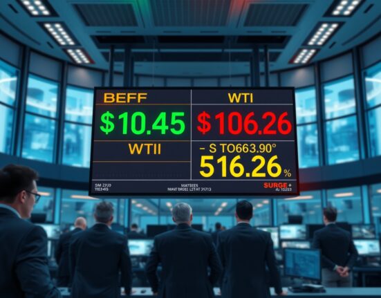 Brent crude surpasses $110 per barrel displayed on trading floor screen with WTI surge indicators