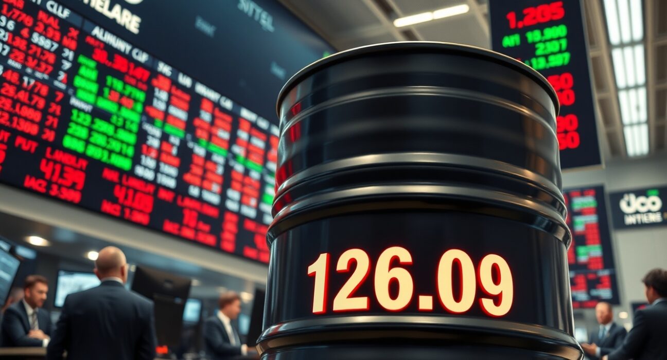 Brent crude oil barrel with price surge to $126 per barrel in trading floor background