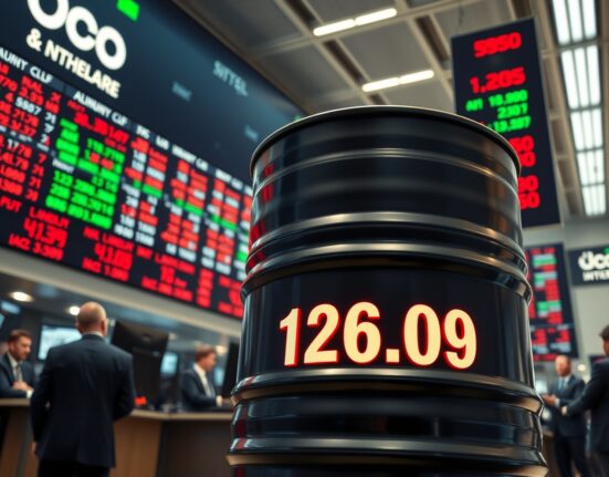 Brent crude oil barrel with price surge to $126 per barrel in trading floor background