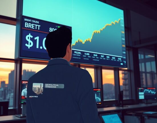 Brent crude oil price surge on trading floor display as analyst monitors geopolitical risk premium data.