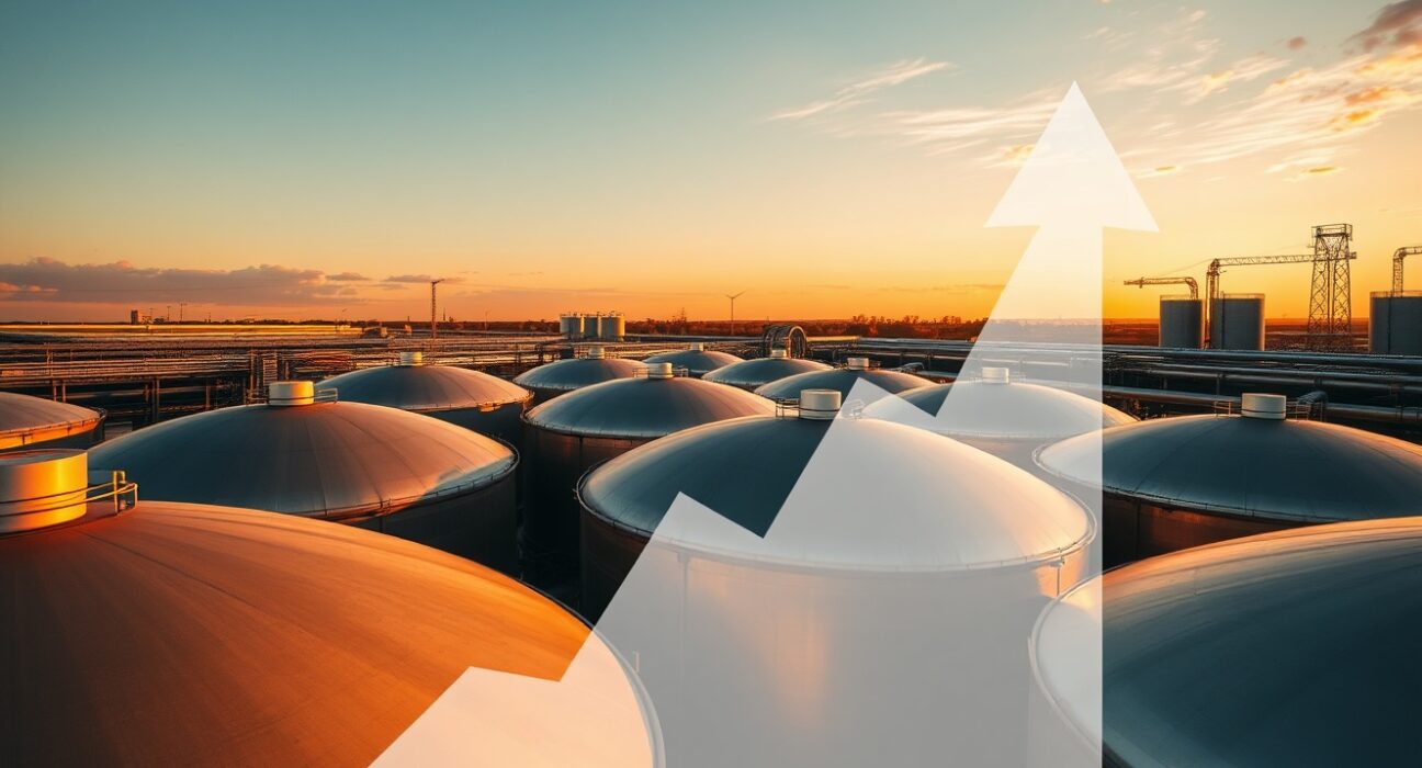 Oil storage tanks at sunset with bullish trend arrow, representing Brent crude price analysis.