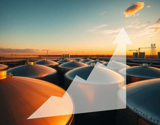 Oil storage tanks at sunset with bullish trend arrow, representing Brent crude price analysis.