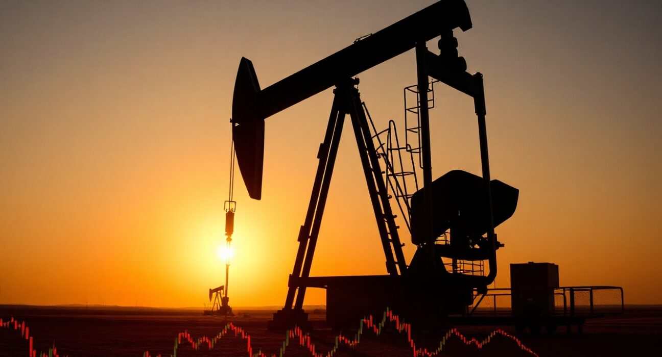 Oil pumpjack silhouetted at sunset representing Brent crude price decline amid US-Iran talks