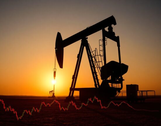 Oil pumpjack silhouetted at sunset representing Brent crude price decline amid US-Iran talks