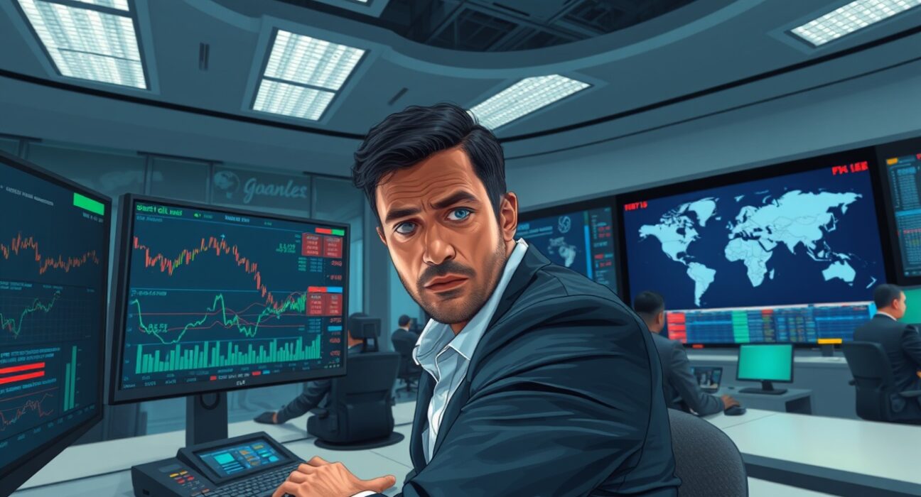 Trader analyzing volatile Brent crude oil price charts amid geopolitical uncertainty in energy markets.