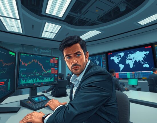 Trader analyzing volatile Brent crude oil price charts amid geopolitical uncertainty in energy markets.