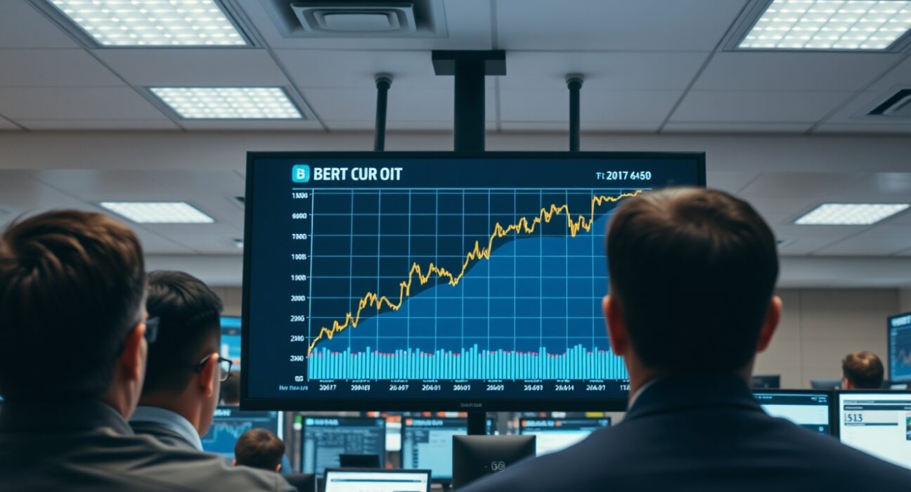 Brent crude oil price chart showing decreased volatility on a trading floor display after Trump's comments.