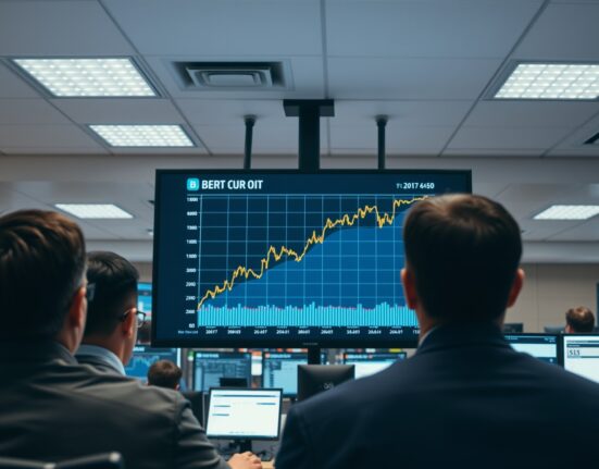 Brent crude oil price chart showing decreased volatility on a trading floor display after Trump's comments.