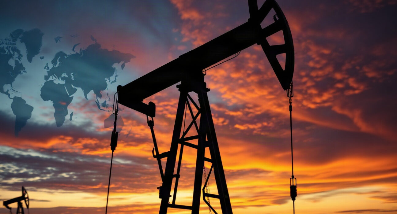 Brent crude oil pumpjack at sunset, symbolizing geopolitical oil market dynamics.