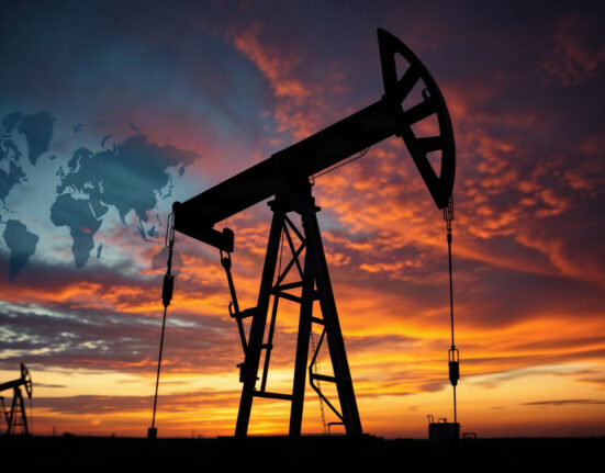 Brent crude oil pumpjack at sunset, symbolizing geopolitical oil market dynamics.