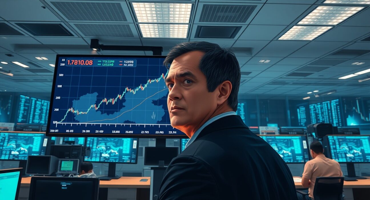 Analyst monitoring Brent crude oil price surge driven by geopolitical war premium on trading desk.