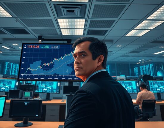 Analyst monitoring Brent crude oil price surge driven by geopolitical war premium on trading desk.