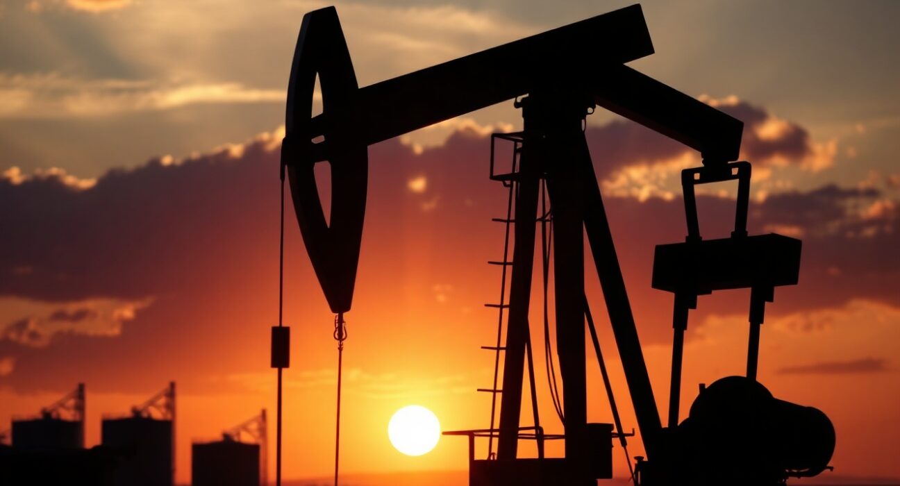 Oil pump jack in an oil field at sunset, representing crude oil supply and market analysis.