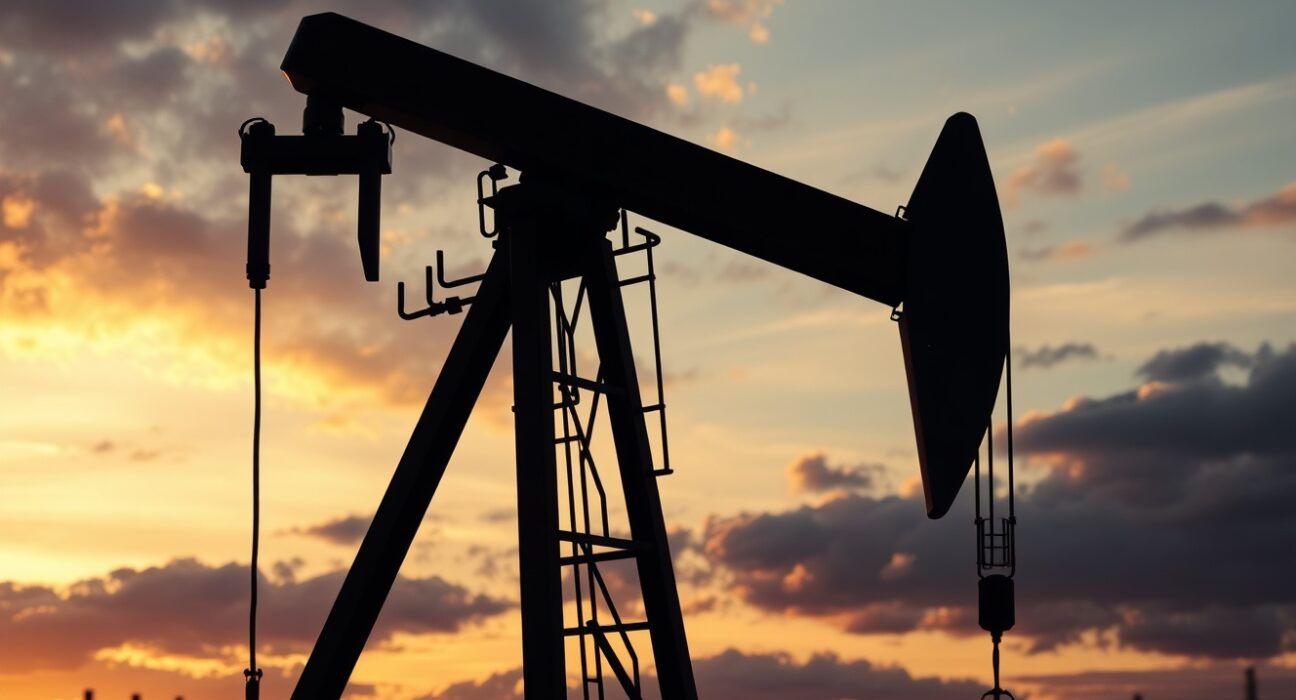 Oil pumpjack silhouetted against a sunset sky, representing geopolitical risk in oil markets.