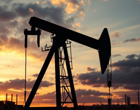 Oil pumpjack silhouetted against a sunset sky, representing geopolitical risk in oil markets.