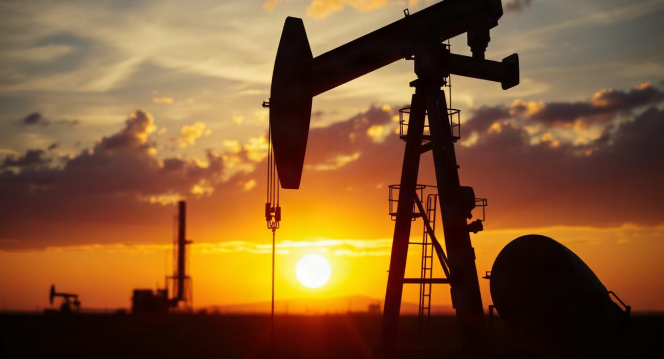 Oil pumpjack silhouette at sunset representing geopolitical oil supply risk