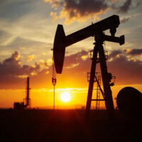 Oil pumpjack silhouette at sunset representing geopolitical oil supply risk
