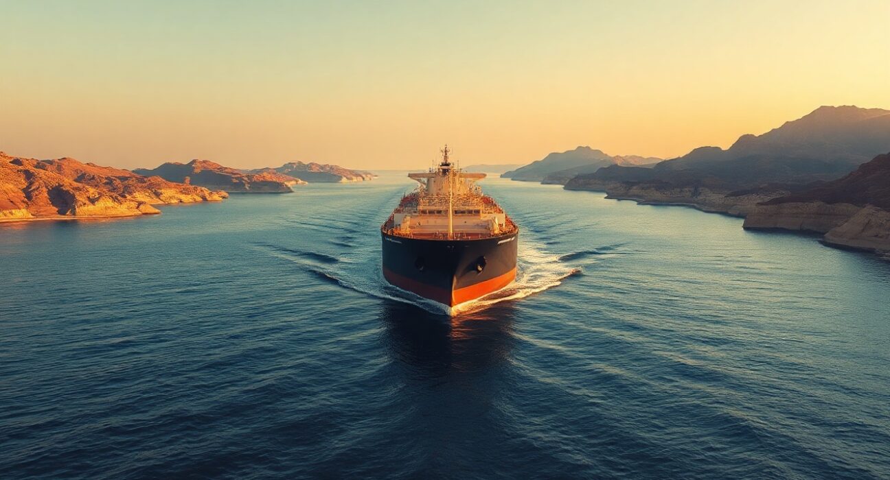 Oil tanker navigating the Strait of Hormuz at sunset, illustrating supply disruption risks.