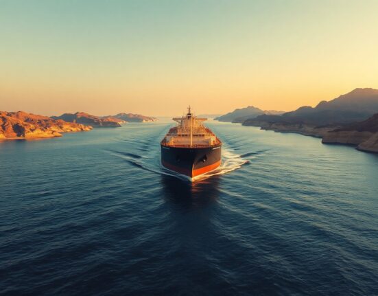 Oil tanker navigating the Strait of Hormuz at sunset, illustrating supply disruption risks.