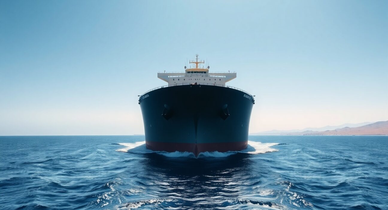 Oil tanker sailing through the Strait of Hormuz under clear skies