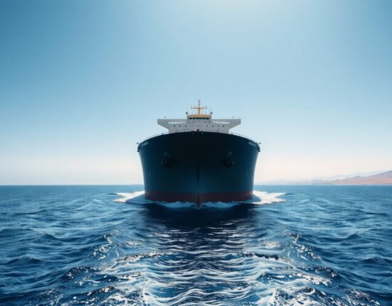 Oil tanker sailing through the Strait of Hormuz under clear skies