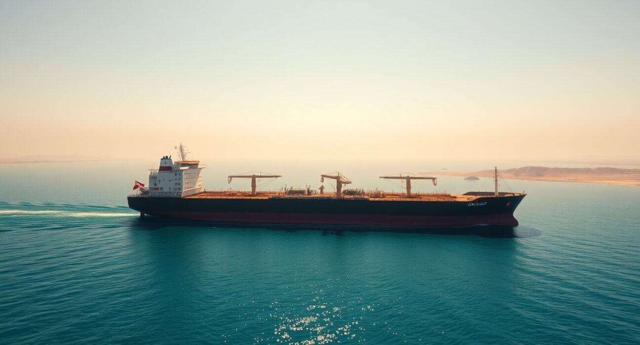 Oil tanker sailing through the Strait of Hormuz at sunrise with calm seas and clear sky.