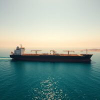 Oil tanker sailing through the Strait of Hormuz at sunrise with calm seas and clear sky.