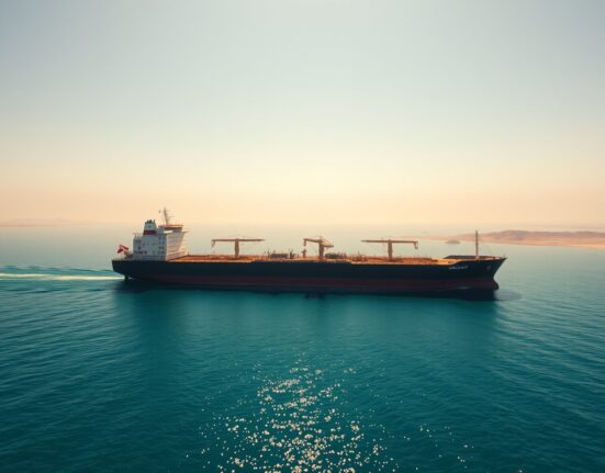 Oil tanker sailing through the Strait of Hormuz at sunrise with calm seas and clear sky.