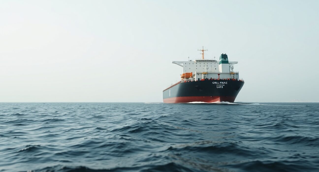 Oil tanker navigating the Strait of Hormuz under overcast sky