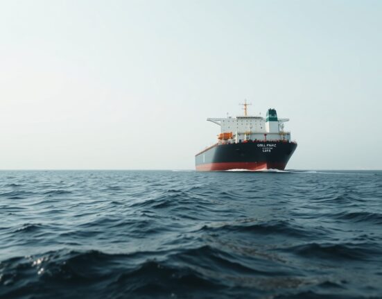 Oil tanker navigating the Strait of Hormuz under overcast sky