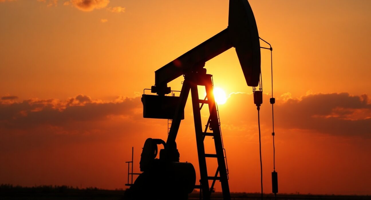 Oil pumpjack silhouette at sunset with a subtle map overlay, symbolizing geopolitical oil market risks.