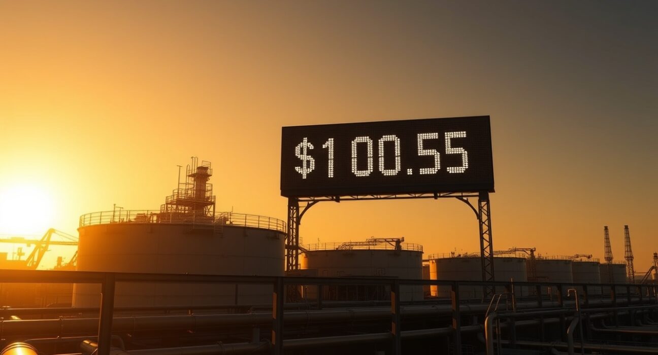 Brent crude oil price display showing $100.50 per barrel at an oil storage facility, representing the surge due to war risks.